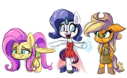 Size: 1280x782 | Tagged: safe, artist:heir-of-rick, applejack, fluttershy, rarity, anthro, unguligrade anthro, clothes