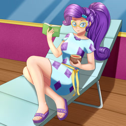 Size: 2000x2000 | Tagged: safe, artist:focusb, rarity, human, better together, equestria girls, spring breakdown, book, coconut, cruise ship, feet, female, food, humanized, juice, legs, looking at you, sandals, scene interpretation, solo