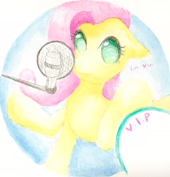 Size: 2227x2314 | Tagged: artist needed, safe, fluttershy, pegasus, pony, microphone, no pupils, smule, solo, traditional art, watercolor painting