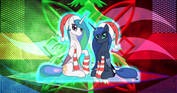 Size: 4096x2160 | Tagged: safe, artist:laszlvfx, artist:vinaramic, derpibooru import, princess celestia, princess luna, alicorn, pony, christmas, clothes, hat, holiday, santa hat, socks, striped socks, wallpaper