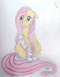 Size: 1024x1301 | Tagged: safe, artist:solne4nij-kotenok, fluttershy, pegasus, pony, chest fluff, clothes, colored pencil drawing, floppy ears, looking at you, pencil drawing, raised hoof, sitting, socks, solo, stray strand, striped socks, traditional art, watermark