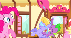 Size: 1360x730 | Tagged: safe, screencap, cloud kicker, fluttershy, pinkie pie, spike, dragon, pegasus, pony, griffon the brush off, blindfold, dragons riding ponies, eyes closed, rearing, riding, scrunchy face, sugarcube corner