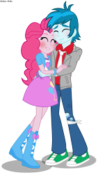 Size: 689x1224 | Tagged: safe, artist:asika-aida, pinkie pie, thunderbass, equestria girls, art trade, blushing, boots, clothes, eyes closed, high heel boots, male, pants, pinkiebass, shipping, simple background, skirt, smiling, sneakers, straight, transparent background