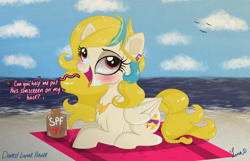 Size: 3500x2250 | Tagged: safe, artist:darkest-lunar-flower, golden feather, princess celestia, alicorn, pegasus, pony, spoiler:comic, spoiler:comic65, beach, disguise, solo, sunscreen, ych result