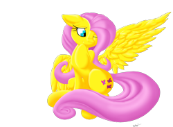 Size: 2800x2044 | Tagged: safe, artist:rickymx, fluttershy, pegasus, pony, floppy ears, looking away, looking down, one eye closed, one wing out, raised hoof, simple background, sitting, solo, transparent background