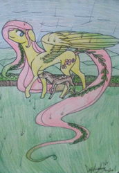 Size: 720x1048 | Tagged: safe, artist:darkclawtimelord, fluttershy, deer, pegasus, pony, color correction, colored pencil drawing, cropped, looking at each other, looking down, one wing out, profile, rain, solo, traditional art, walking, wing umbrella