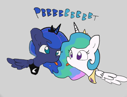 Size: 1889x1440 | Tagged: safe, artist:tjpones, color edit, edit, editor:childofthenight, princess celestia, princess luna, alicorn, pony, colored, crown, female, jewelry, mare, regalia, royal sisters, silly, simple background, sisters, tongue out