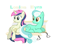 Size: 900x665 | Tagged: safe, bon bon, lyra heartstrings, sweetie drops, bench, palette swap, simple background, sitting lyra, transparent background, vector