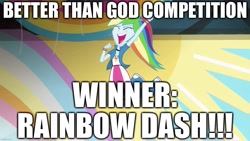 Size: 1280x720 | Tagged: safe, derpibooru import, edit, edited screencap, screencap, rainbow dash, equestria girls, shake your tail, best human, caption, clenched fist, clothes, competition, cute, dashabetes, eyes closed, feminism, fist in the air, god, image macro, in air, jumping, rainbow dash is god, shirt, skirt, smiling, sweatshirt, t-shirt, text, victory, winner