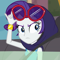 Size: 857x858 | Tagged: safe, screencap, rarity, better together, equestria girls, fomo, cropped, female, shawl, spying, sunglasses