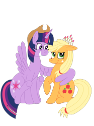 Size: 1936x2592 | Tagged: safe, artist:squipycheetah, applejack, twilight sparkle, twilight sparkle (alicorn), alicorn, earth pony, pony, accessory swap, applejack's hat, crown, cute, female, happy, hat, hug, lesbian, looking down, looking up, mare, shipping, simple background, sitting, smiling, spread wings, transparent background, twiabetes, twijack, vector, winghug