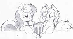 Size: 1264x690 | Tagged: safe, artist:joey darkmeat, bon bon, lyra heartstrings, sweetie drops, earth pony, pony, unicorn, :t, blowing bubbles, bon bon is not amused, bubble, drink, drinking, duo, frothing, frown, grayscale, milkshake, monochrome, sharing a drink, silly, silly pony, simple background, smiling, straw, traditional art, unamused, white background