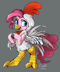 Size: 988x1183 | Tagged: safe, artist:chaguala, pinkie pie, pony, animal costume, bipedal, chicken pie, chicken suit, chinese new year, chinese zodiac, clothes, costume, simple background, solo