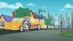 Size: 1920x1080 | Tagged: safe, screencap, rarity, better together, equestria girls, fomo, canterlot city, female, geode of shielding, magical geodes, taxi