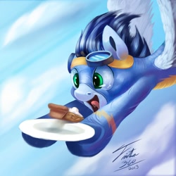 Size: 600x600 | Tagged: safe, artist:tsitra360, soarin', cute, drool, flying, happy, pie, soarinbetes, solo, that pony sure does love pies, wonderbolts uniform