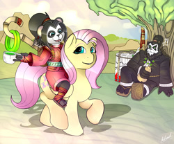 Size: 3000x2500 | Tagged: safe, artist:malamol, fluttershy, panda, pegasus, pony, chen, chen stormstout, clothes, crossover, cup, cute, exclamation point, li li, li li stormstout, mist of pandaria, pandaren, question mark, raised hoof, sandals, shyabetes, signature, smiling, tree, trio, warcraft, world of warcraft