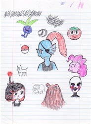 Size: 2120x2874 | Tagged: safe, artist:pokeneo1234, pinkie pie, earth pony, pony, annoying dog, bob the tomato, don't hug me i'm scared, doodle, doodle dump, five nights at freddy's, group, hanazuki, hanazuki: full of treasures, harry (dhmis), inktober, lined paper, marionette, oddish, pokéball, pokémon, traditional art, undertale, undyne, veggietales