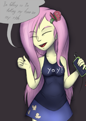 Size: 605x847 | Tagged: safe, artist:gabbslines, fluttershy, equestria girls, breasts, clothes, dialogue, earbuds, eyes closed, female, hairpin, lyrics, mp3 player, open mouth, ride, simple background, singing, skirt, smiling, solo, song reference, speech bubble, text, twenty one pilots