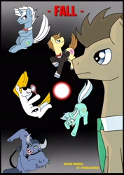 Size: 2480x3507 | Tagged: safe, artist:edowaado, doctor whooves, donut joe, iron will, lyra heartstrings, earth pony, pony, unicorn, comic:fall, female, fortune teller, johnny bravo, male, mare, mirror, ponified, stallion