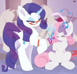 Size: 3960x3800 | Tagged: safe, artist:xsatanielx, rarity, sweetie belle, pony, unicorn, cute, diasweetes, ear fluff, eyes closed, female, frog (hoof), glasses, hat, mannequin, mare, pincushion, raribetes, rarity's glasses, rcf community, sitting, underhoof