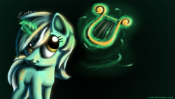 Size: 2000x1125 | Tagged: safe, artist:esuka, lyra heartstrings, pony, unicorn, black background, female, lyre, magic, mare, simple background, solo, telekinesis