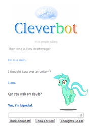 Size: 362x507 | Tagged: safe, lyra heartstrings, cleverbot, humie, meme, text