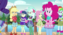 Size: 1280x720 | Tagged: safe, derpibooru import, screencap, applejack, bon bon, fluttershy, lyra heartstrings, rainbow dash, rarity, sweetie drops, equestria girls, legend of everfree, forest, lake, pier, water