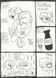 Size: 900x1238 | Tagged: safe, artist:mad-mutt, berry punch, berryshine, bon bon, lyra heartstrings, sweetie drops, earth pony, pony, alcohol, beer, comic, female, lesbian, lyrabon, monochrome, shipping