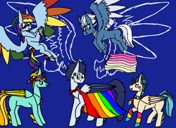 Size: 1235x900 | Tagged: safe, artist:cococandy2007, derpibooru import, indigo zap, lightning dust, night glider, rainbow dash, soarin', pegasus, pony, alternate hairstyle, asexual, asexual pride flag, bandana, blue background, cape, choker, clothes, ear piercing, earring, equestria girls ponified, face paint, female, flying, gay pride flag, headband, jewelry, lesbian pride flag, male, mare, necklace, pansexual, pansexual pride flag, piercing, ponified, pride, pride flag, pride month, pride ponies, raised hoof, raised leg, scarf, simple background, socks, stallion, striped socks, tongue out