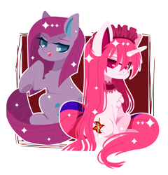 Size: 1970x2048 | Tagged: safe, artist:snow angel, pinkie pie, oc, pony, unicorn, duo, duo female, female, mare, open mouth, pinkamena diane pie, raised hoof, simple background, smiling, transparent background