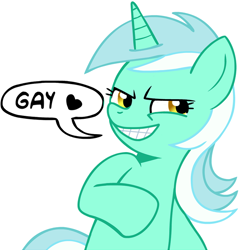 Size: 600x600 | Tagged: safe, edit, lyra heartstrings, pony, unicorn, dialogue, evil grin, ew gay, female, grin, mare, reaction image, simple background, smiling, smirk, subverted meme, white background