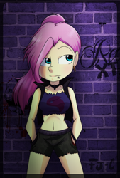 Size: 1024x1515 | Tagged: safe, artist:fj-c, fluttershy, equestria girls, belly button, clothes, collar, ear piercing, earring, goth, jewelry, midriff, piercing, short shirt, shorts, solo, vest