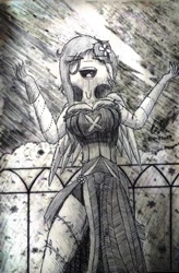 Size: 724x1104 | Tagged: safe, artist:diazdavid166, fluttershy, anthro, the best night ever, big breasts, breasts, clothes, dress, evil laugh, female, flutterrage, gala dress, grayscale, hootershy, laughing, lightning, monochrome, scene interpretation, solo, traditional art