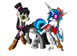 Size: 3022x2198 | Tagged: safe, artist:theorous, dj pon-3, octavia melody, vinyl scratch, earth pony, pony, unicorn, black mane, female, gray coat, horn, mare, two toned mane, white coat