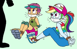 Size: 2729x1746 | Tagged: safe, artist:bugssonicx, derpibooru import, rainbow dash, scootaloo, equestria girls, alternate hairstyle, arm behind back, bondage, bound and gagged, bound wrists, cap, cloth gag, clothes, dashsub, feet, female, femsub, gag, hat, kidnapped, pants, peril, sandals, scootasub, shadow, submissive, tied hands, tied up