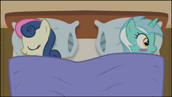 Size: 1024x576 | Tagged: safe, artist:tritebristle, bon bon, lyra heartstrings, sweetie drops, bed, blushing, female, lesbian, lyrabon, shipping