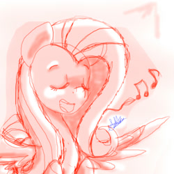Size: 2000x2000 | Tagged: safe, artist:chikiz65, fluttershy, pegasus, pony, eyes closed, lightning, mane, music notes, practice, shade, signature, solo, tail, wip
