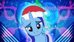 Size: 3840x2160 | Tagged: safe, artist:hunterz263, artist:laszlvfx, derpibooru import, edit, minuette, unicorn, bedroom eyes, christmas, cute, female, hat, high res, holiday, mare, santa hat, show accurate, solo, wallpaper, wallpaper edit