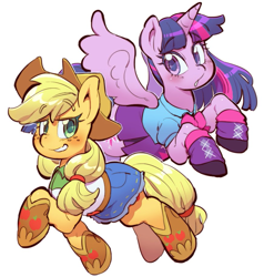 Size: 871x913 | Tagged: safe, artist:jirousan, applejack, twilight sparkle, twilight sparkle (alicorn), alicorn, earth pony, pony, clothes, equestria girls outfit, female, mare