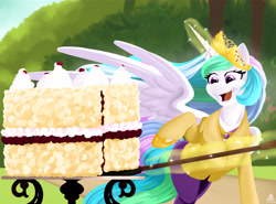 Size: 6750x5000 | Tagged: safe, artist:poecillia-gracilis19, princess celestia, principal celestia, pony, equestria girls, absurd resolution, cake, cakelestia, equestria girls outfit, equestria girls ponified, food, glowing horn, implied weight gain, magic, ponified, solo, telekinesis, this will end in weight gain