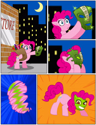 Size: 2550x3300 | Tagged: safe, artist:artbrojohn, pinkie pie, earth pony, pony, comic, commission, crossover, female, mare, moon, solo, the mask, the mask of loki, xk-class end-of-the-world scenario