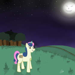 Size: 2000x2000 | Tagged: safe, artist:crisp-da, bon bon, lyra heartstrings, sweetie drops, earth pony, pony, unicorn, costume, female, halloween, hooves, horn, mare, moon, night, night sky, sky, solo, stars, teeth, tree