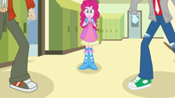 Size: 1280x720 | Tagged: safe, artist:mlprocker123, normal norman, pinkie pie, thunderbass, equestria girls, background human, boots, bracelet, clothes, dress, high heel boots, jewelry, love triangle, male, normanpie, pants, pinkiebass, shipping, shoes, skirt, sneakers, straight