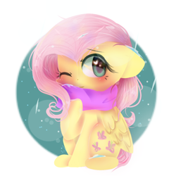 Size: 1256x1256 | Tagged: safe, artist:windymils, fluttershy, pegasus, pony, blushing, clothes, cute, heart eyes, scarf, shyabetes, sitting, solo, wingding eyes