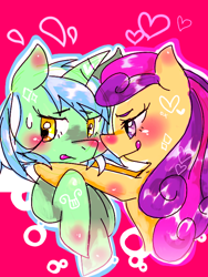 Size: 600x800 | Tagged: safe, artist:kyubi, artist:tuintawaa, bon bon, lyra heartstrings, sweetie drops, earth pony, pony, unicorn, blushing, bust, female, heart, lesbian, lyrabon, pixiv, shipping, tongue out