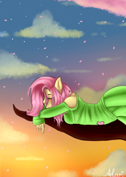 Size: 2700x3800 | Tagged: safe, artist:al4ri, fluttershy, anthro, cherry blossoms, clothes, cloud, eyes closed, flower, flower blossom, prone, shirt, skirt, solo, stars, tree branch, twilight (astronomy)