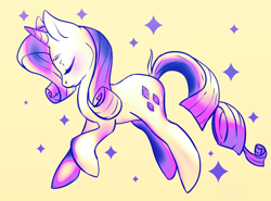 Size: 1280x947 | Tagged: safe, artist:feihime, rarity, pony, unicorn, cute, eyes closed, female, mare, profile, raribetes, simple background, solo, sparkles, yellow background