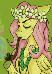 Size: 1400x2000 | Tagged: safe, artist:lxxjunebugxxl, fluttershy, pegasus, pony, eyes closed, floral head wreath, flower, jewelry, necklace, pipe, smoking, solo