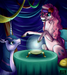 Size: 1800x2000 | Tagged: safe, artist:hengebellika, derpibooru import, pinkie pie, twilight sparkle, earth pony, pony, crystal ball, mystical orb of fate's destiny