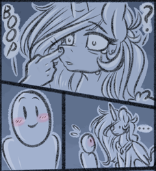 Size: 1600x1756 | Tagged: safe, artist:dimwitdog, princess celestia, alicorn, human, pony, blushing, boop, duo, female, mare, monochrome, partial color, sad, sketch, smiling